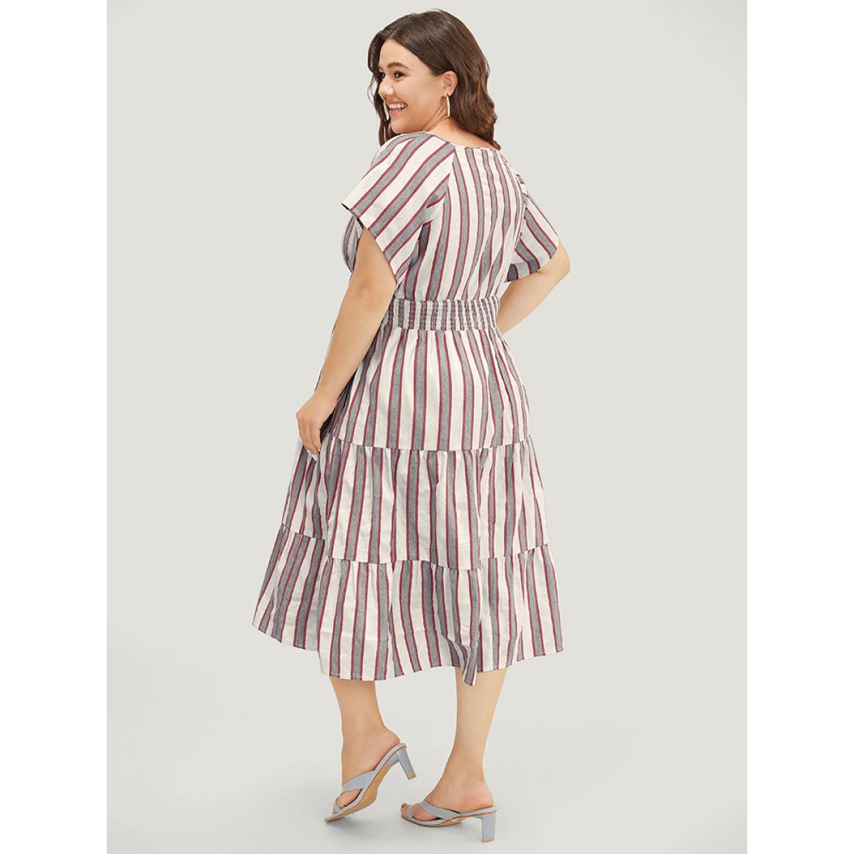 Plus Size Striped Contrast Pocket Shirred Flutter Tiered Dress Burgundy Women Resort Non V-neck Short sleeve Curvy Midi Dress BloomChic 30/6X Product Image