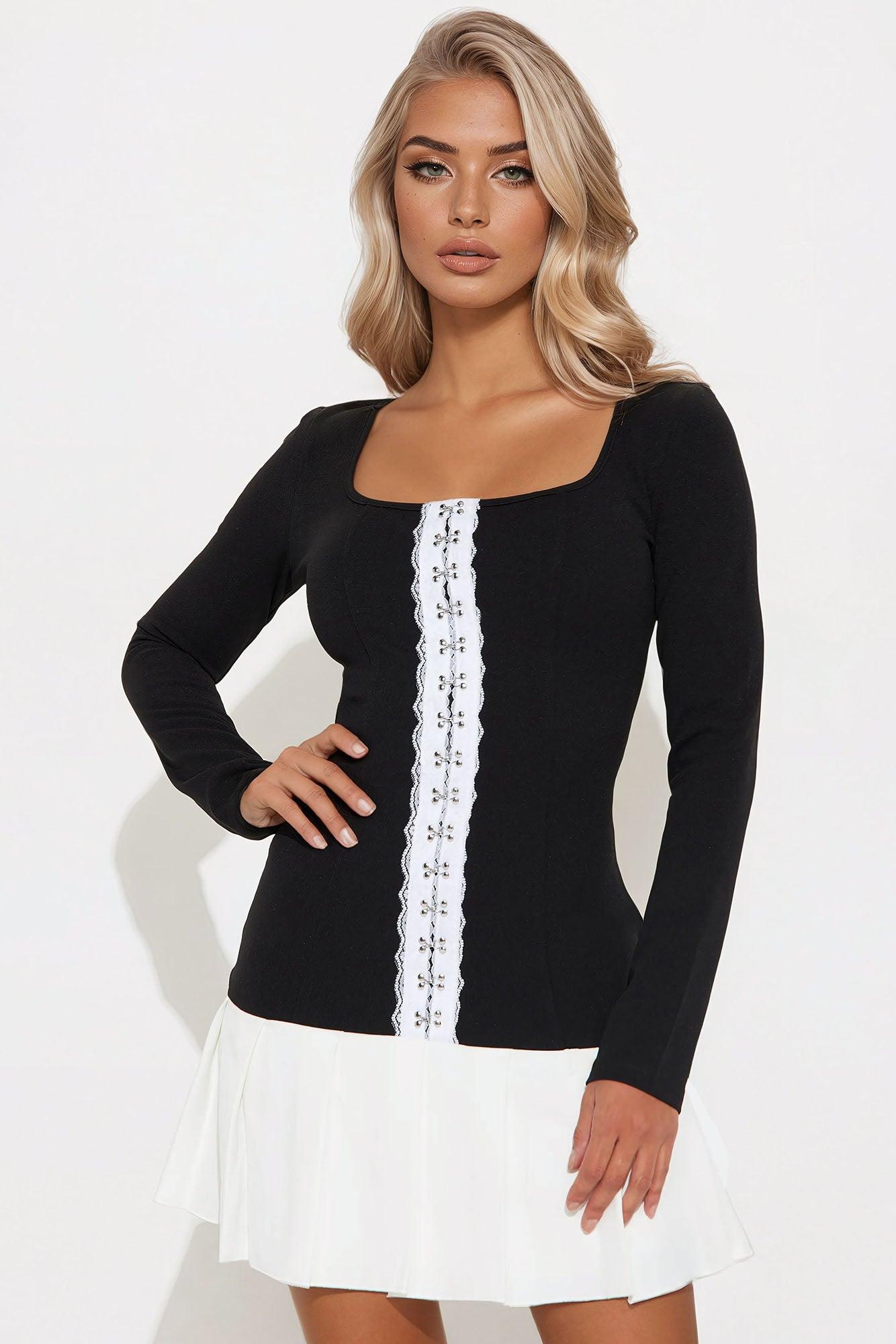 Preston Pleated Mini Dress - Black/White Product Image