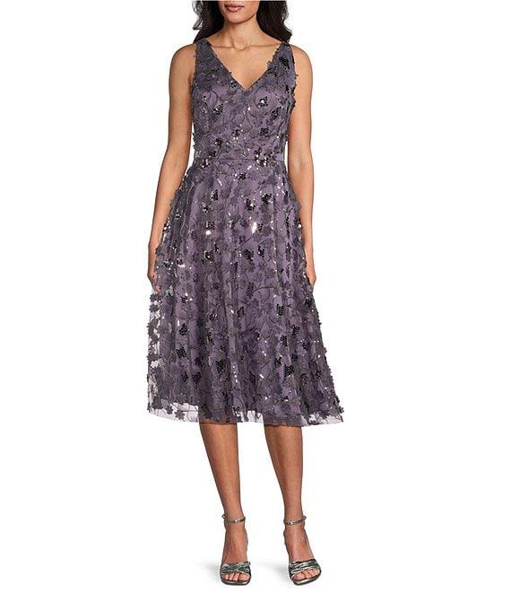 Livia Jolie by Le Bos V-Neck Sleeveless 3D Floral Applique with Sequin A-Line Midi Dress Product Image