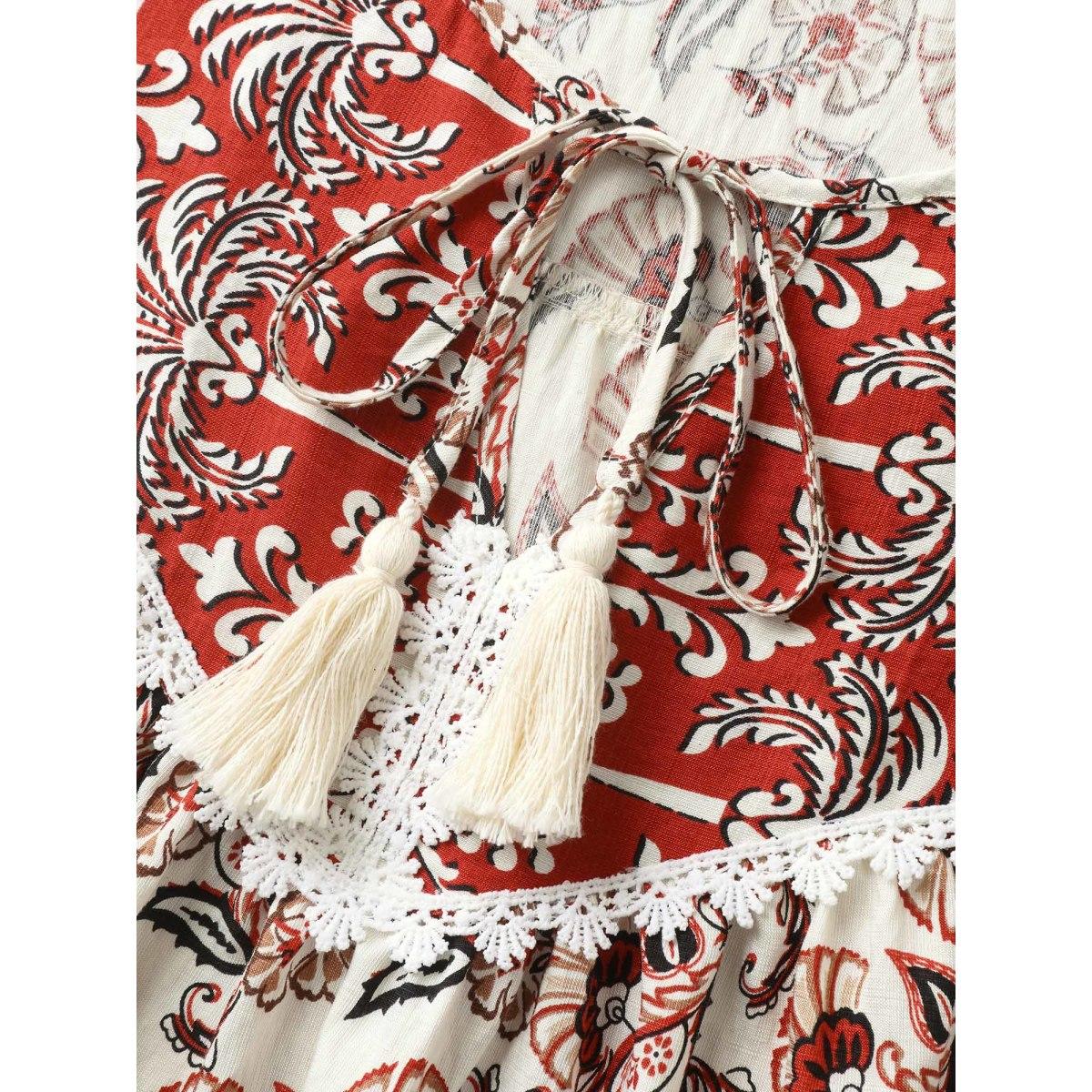 Plus Size Crimson Boho Floral Print Neck Tassels Blouse Women Boho Short sleeve Flat collar with V-notch Vacation Blouses BloomChic 28/5X Product Image