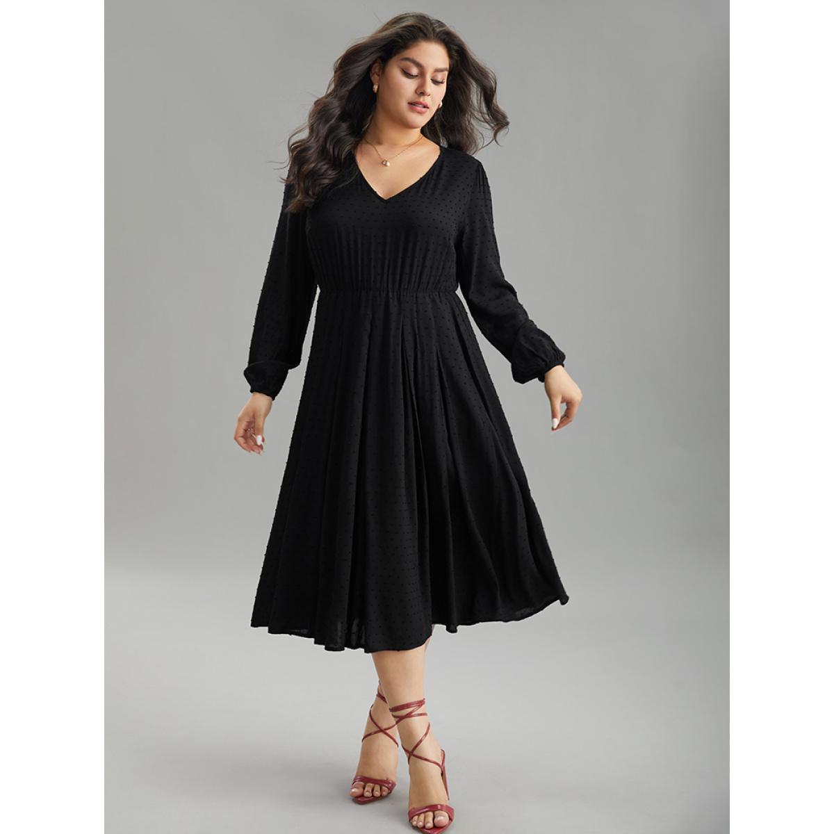 Plus Size Static-Free Solid Lantern Sleeve Pleated Dress Black Women Elegant Elastic cuffs Round Neck Long Sleeve Curvy Midi Dress BloomChic 18-20/2X Product Image