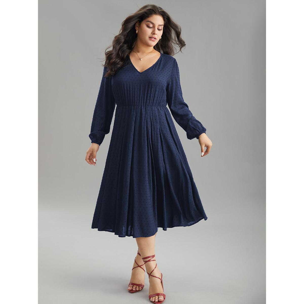 Plus Size Static-Free Solid Lantern Sleeve Pleated Dress DarkBlue Women Elegant Elastic cuffs Round Neck Long Sleeve Curvy Midi Dress BloomChic 18-20/2X Product Image