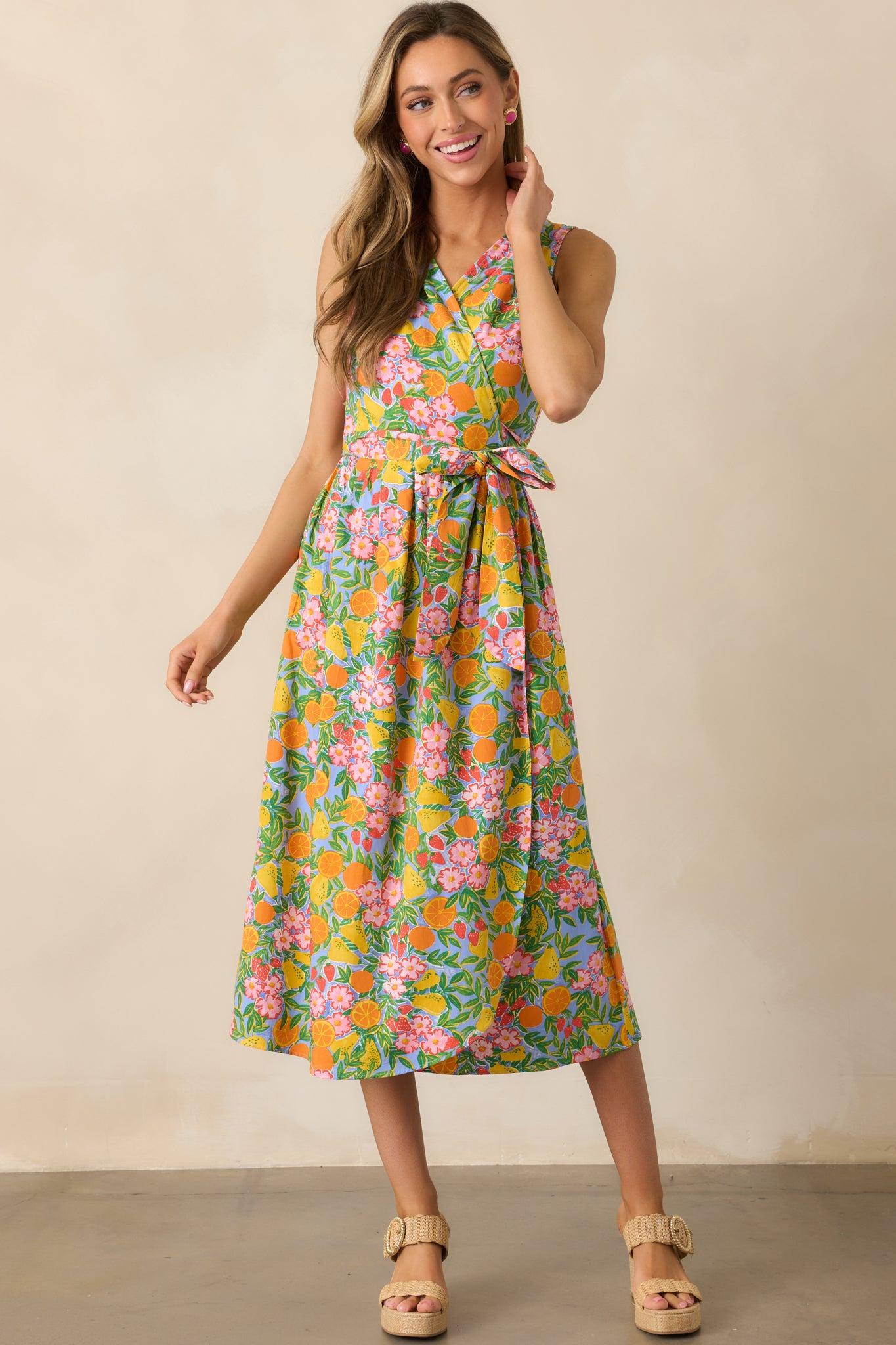 Citrus Bloom Sky Blue Multi Print Midi Wrap Dress Product Image