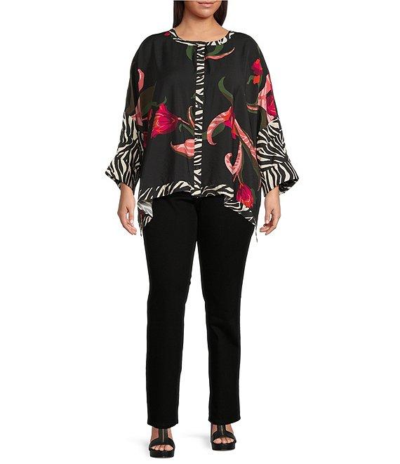 Ali Miles Plus Size Woven Floral Zebra Multi Print Round Neck Long Dolman Sleeve Button Front Tunic Product Image