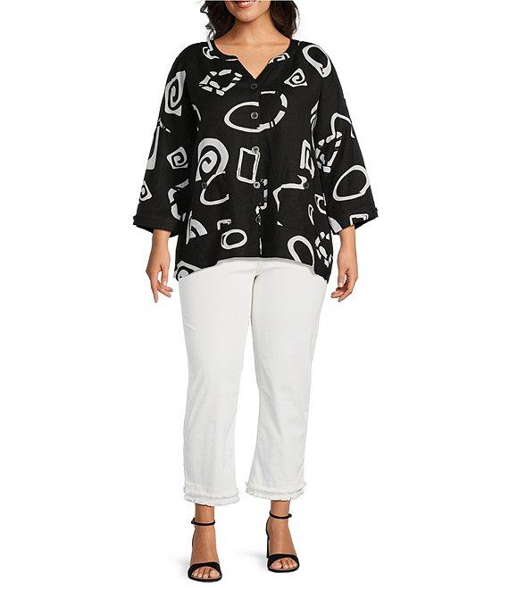 Ali Miles Plus Size Woven Abstract Print Stand Collar 3/4 Sleeve Button Front Tunic Product Image
