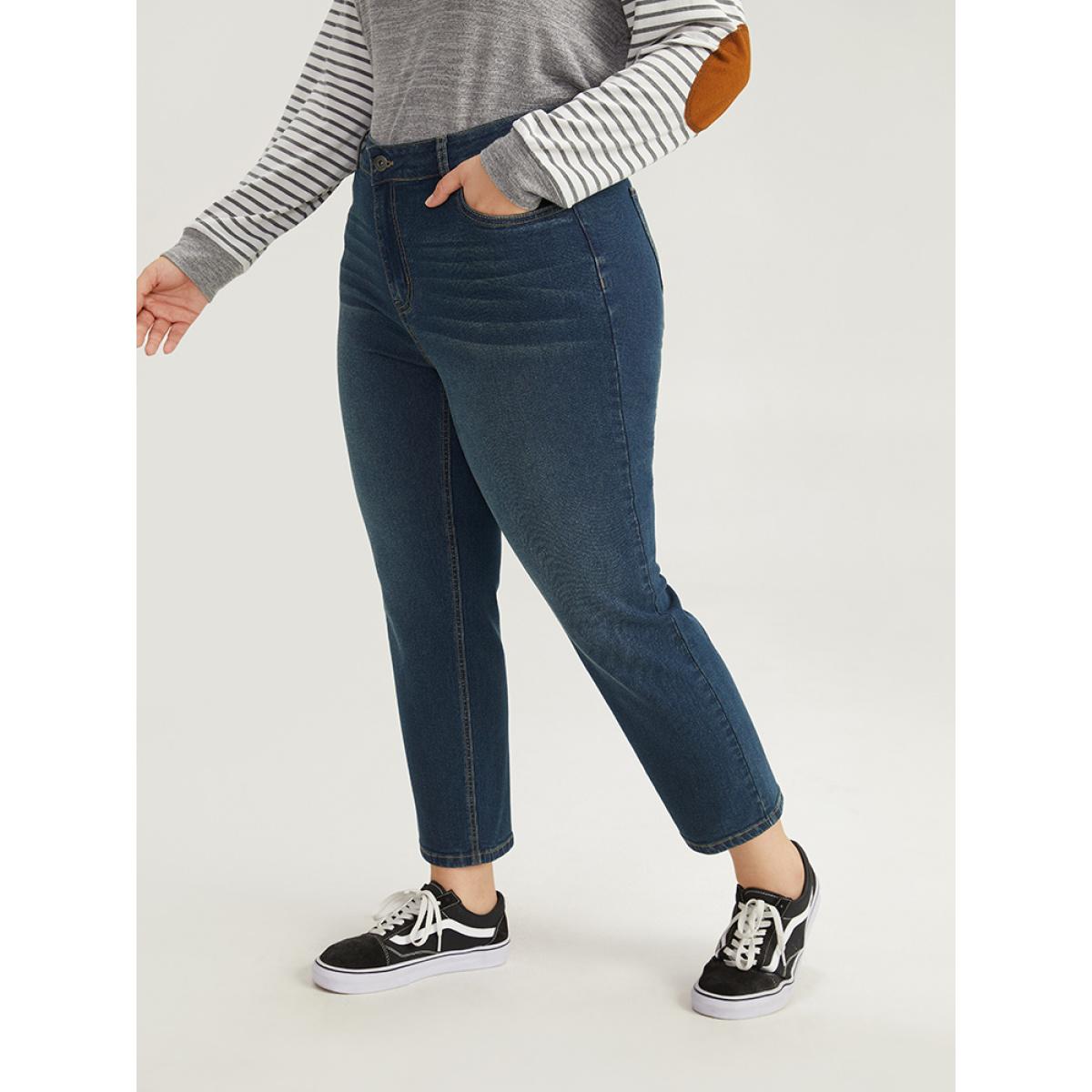 Plus Size Plain Medium Wash Straight Leg Jeans Women Indigo Casual Plain Plain High stretch Pocket Jeans BloomChic 16/1X Product Image