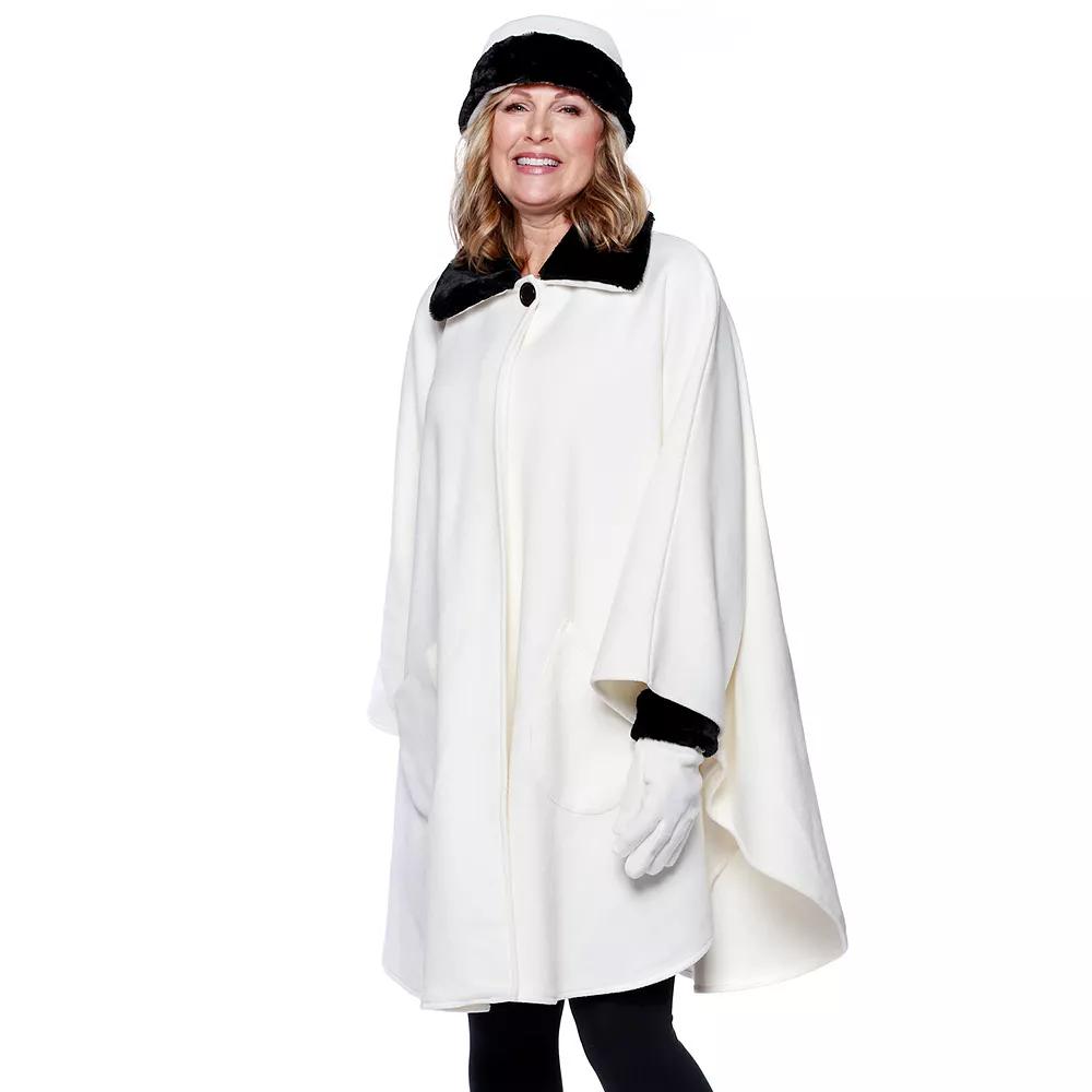 Women's Le Moda Faux Fur Trim Polar Fleece Wrap with Matching Gloves & Hat, White Product Image
