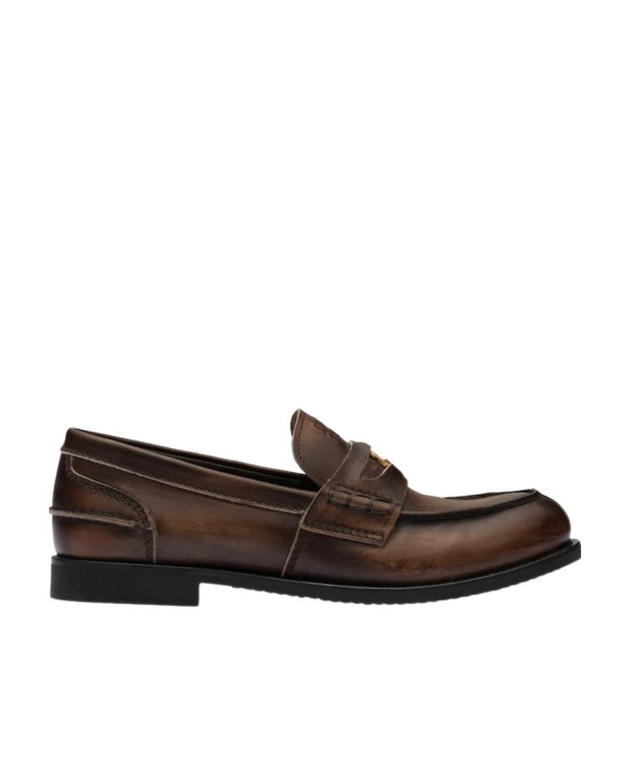 MIU MIU Leather Distressed Penny Loafers In Brown Product Image