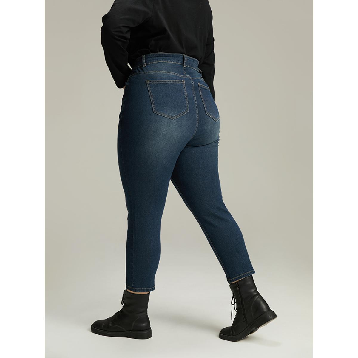 Plus Size Stitch Detail Distressed Very Stretchy Jeans Women Indigo Casual Plain Plain High stretch Pocket Jeans BloomChic 20/2X Product Image