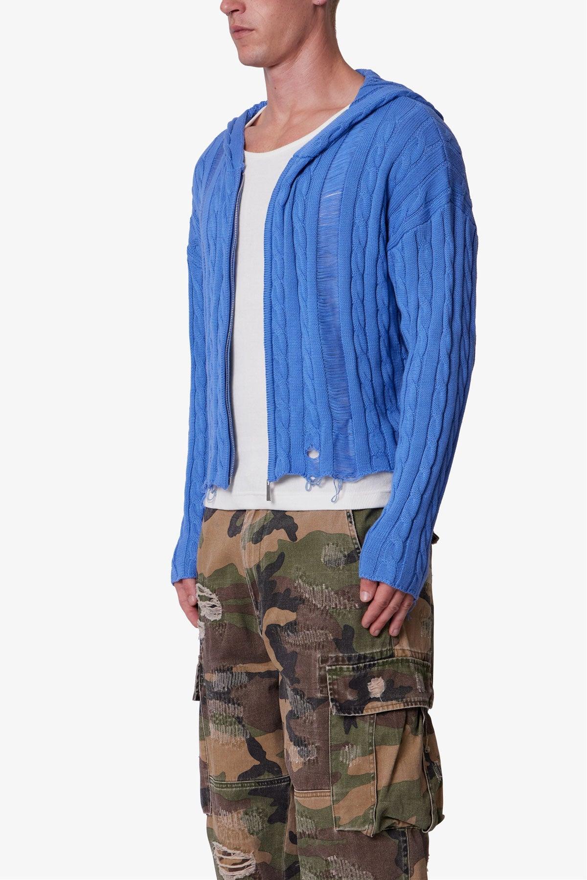 Cable Knit Hooded Sweater - Washed Blue Product Image