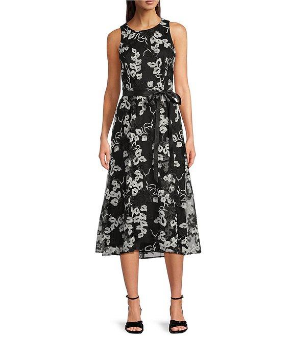 Alex Evenings Crew Neck Sleeveless Tie Sash Embroidered Stretch Tulle High Low Midi Dress Product Image