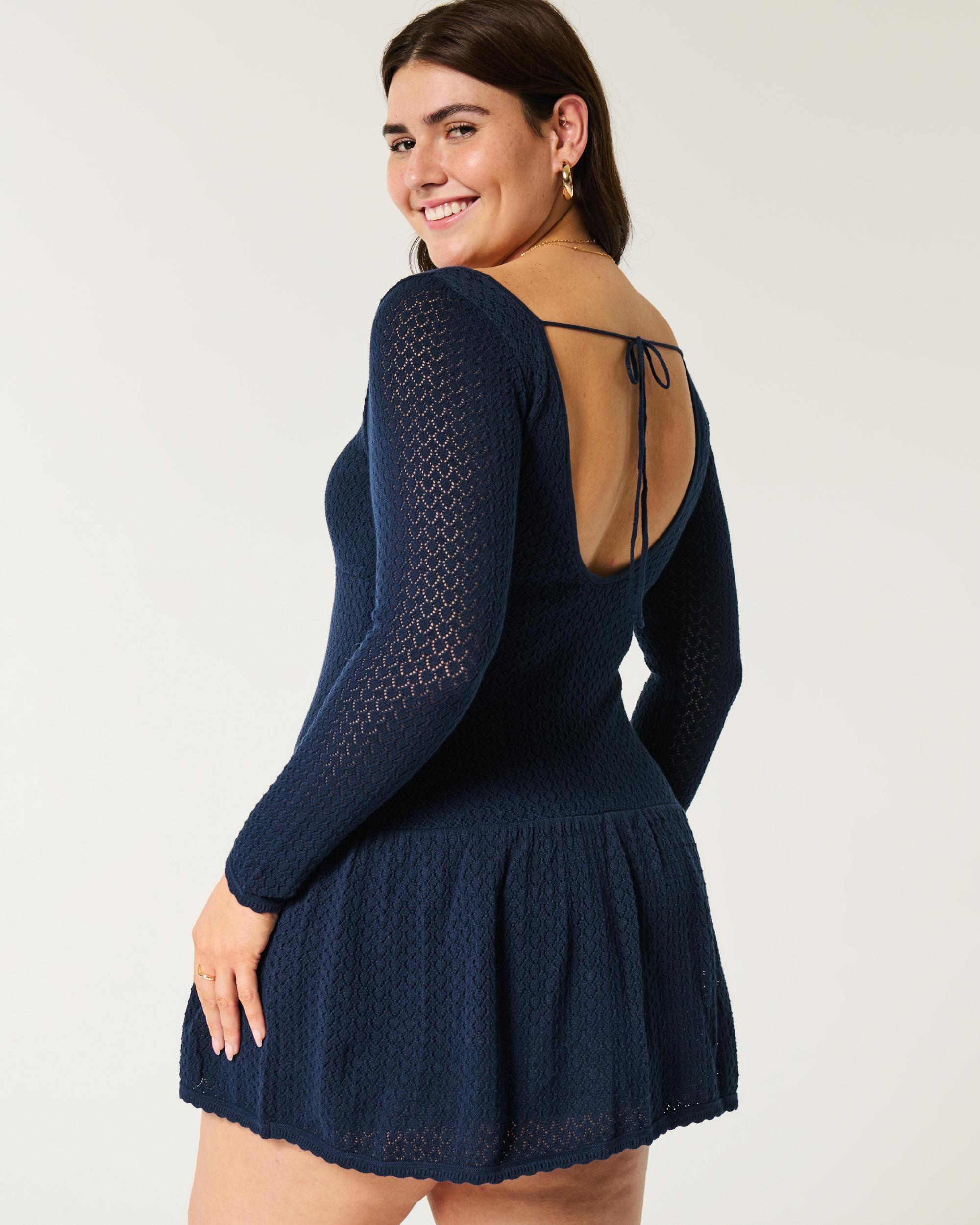 Long-Sleeve Crochet-Style Mini Skater Dress Product Image