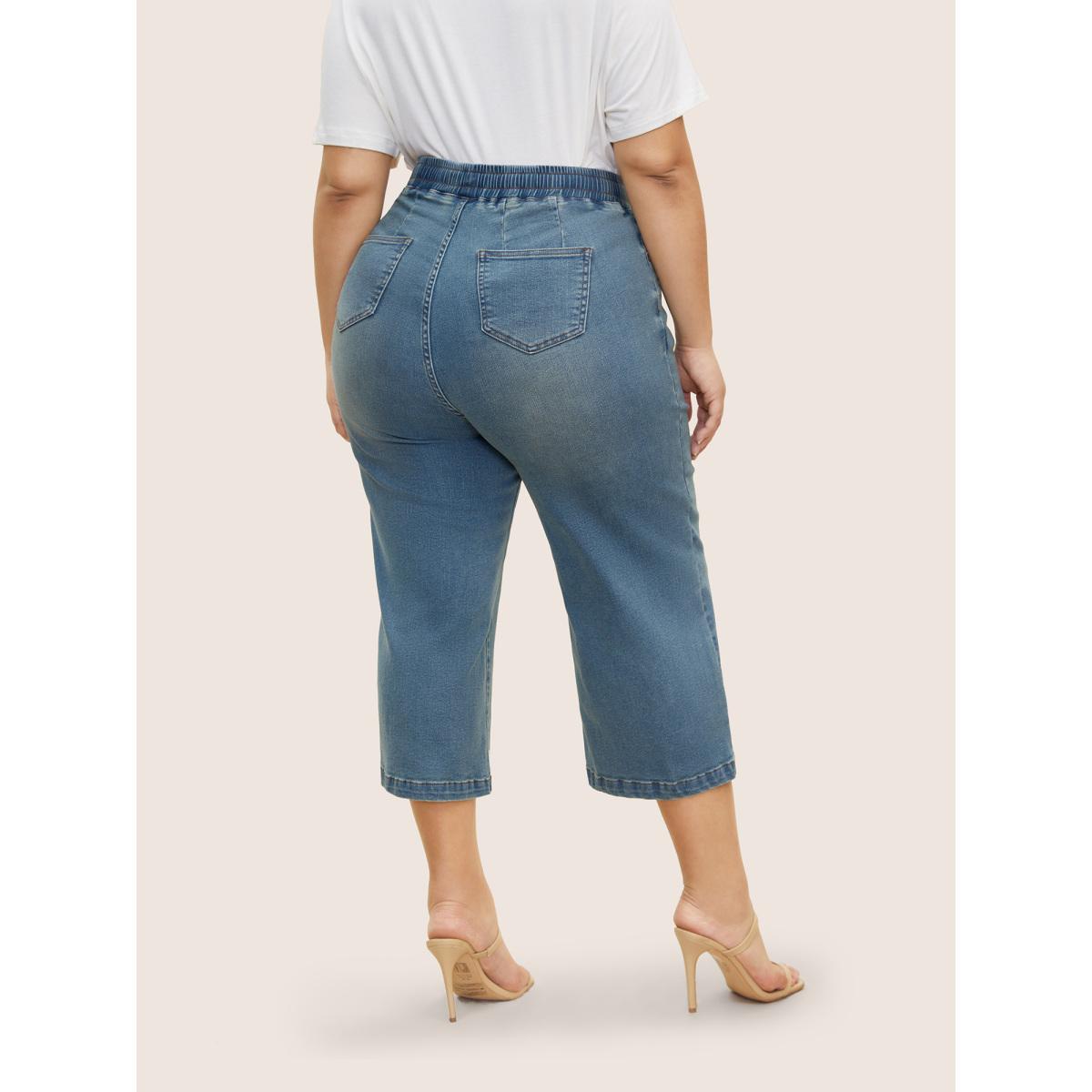Plus Size Light Wash Drawstring Cropped Wide Leg Jeans Women Denimblue Casual Drawstring High stretch Slanted pocket Jeans BloomChic 20/2X Product Image