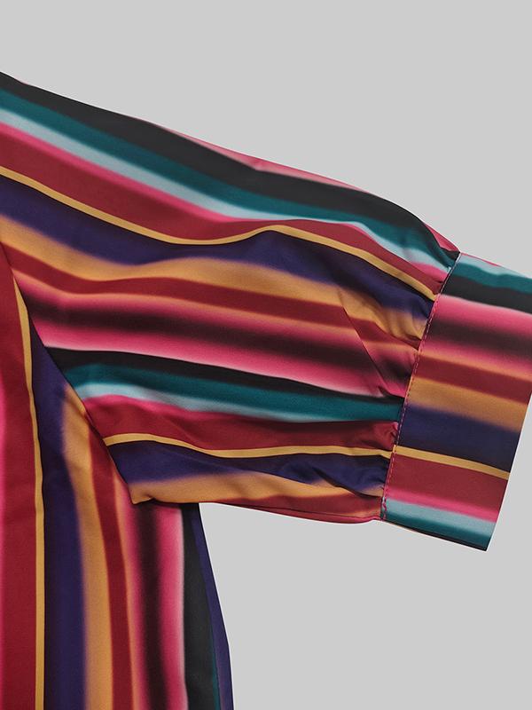 Long Sleeves Loose Split-Joint Striped Lapel Maxi Dresses Shirt Dress Product Image