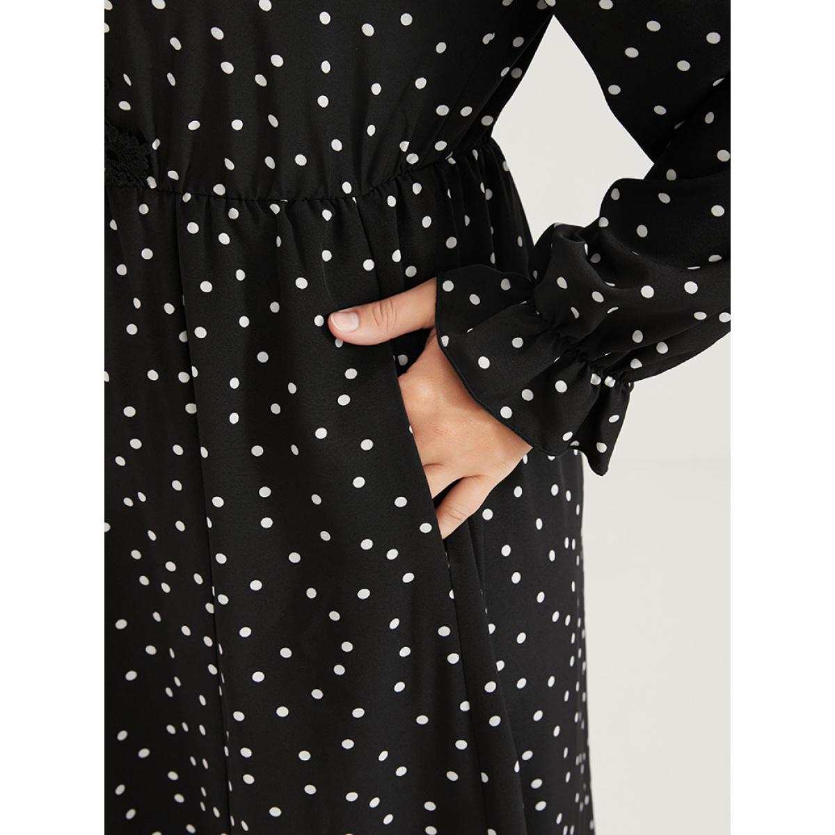Plus Size Polka Dot Pocket Contrast Lace Split Hem Dress Black Women Elegant Patchwork V-neck Long Sleeve Curvy Long Dress BloomChic 10/M Product Image
