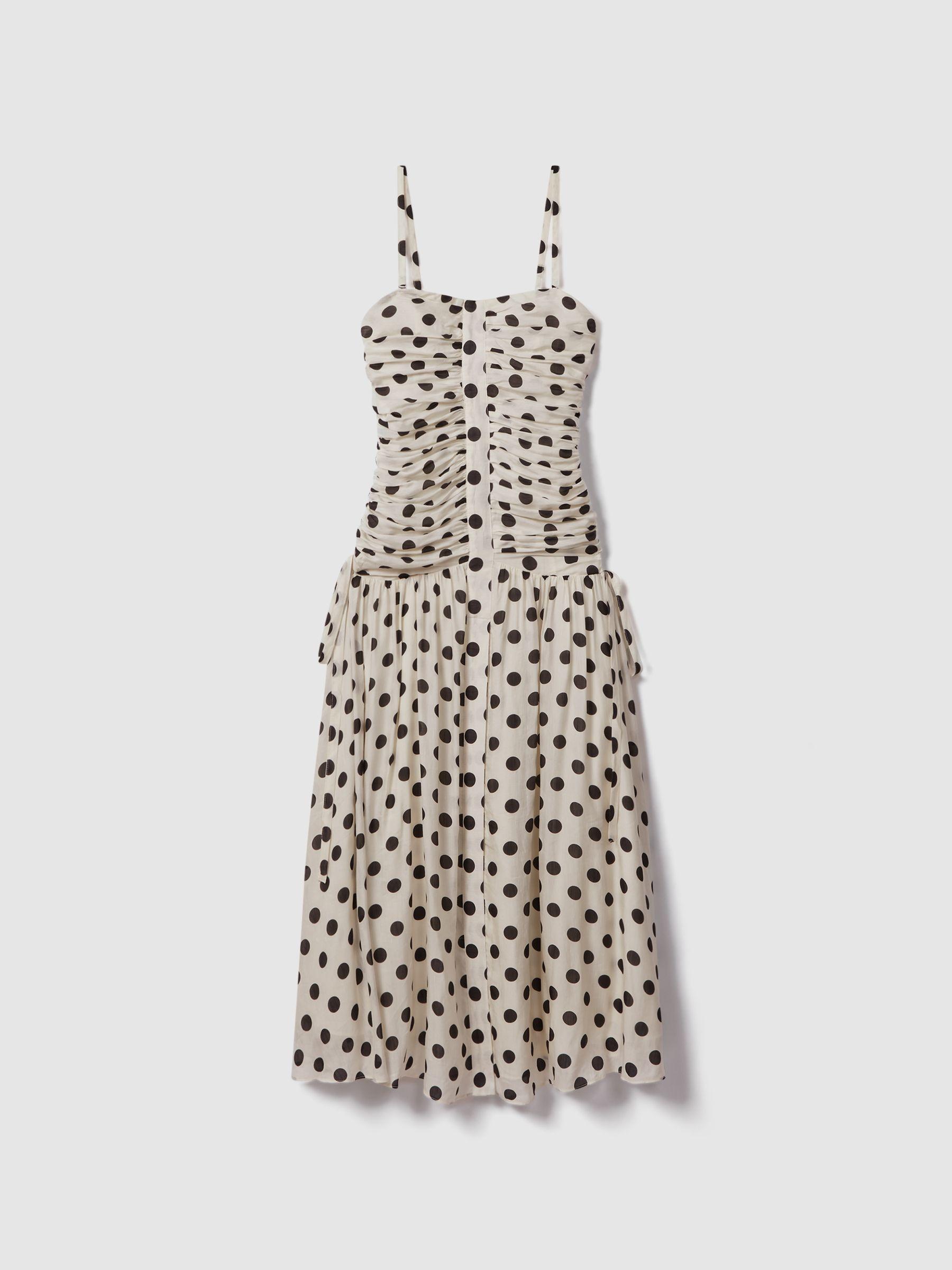Viscose Linen Polka Dot Ruched Maxi Dress in White/Black Product Image