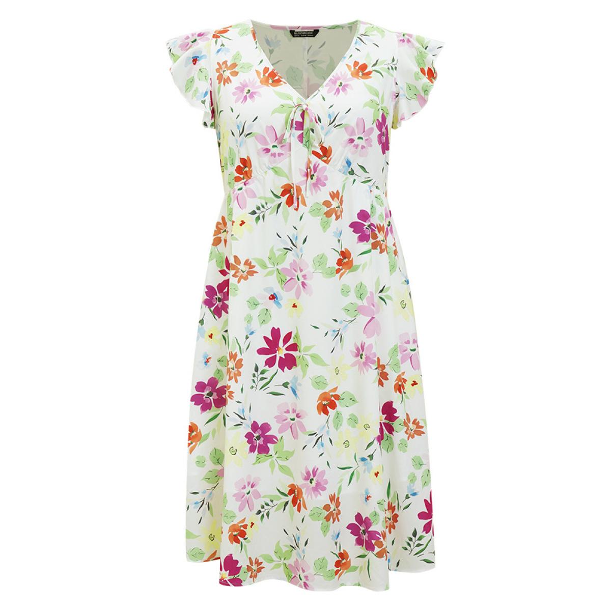 Plus Size Floral Knot Neck Pocket Cap Sleeve Ruffle Trim Dress Multicolor Women Elegant Knotted V-neck Cap Sleeve Curvy Midi Dress BloomChic 30/6X Product Image