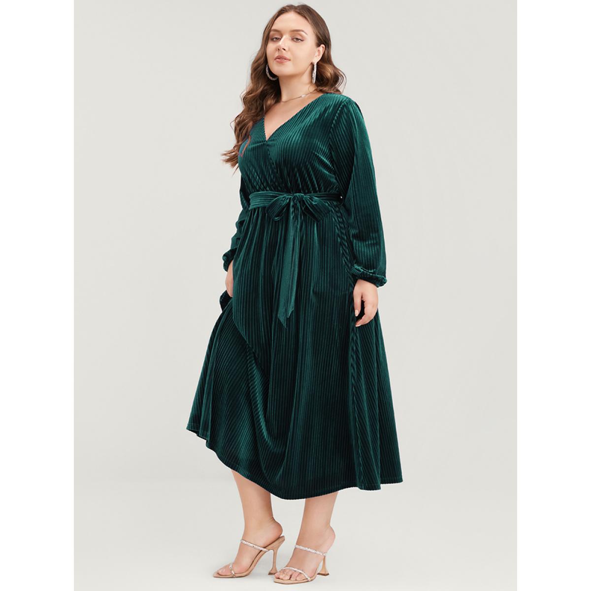Plus Size Striped Velvet Pocket Lantern Sleeve Belted Wrap Dress DarkGreen Women Glamour Pocket V-neck Long Sleeve Curvy Midi Dress BloomChic 22-24/3X Product Image
