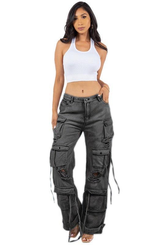 WOMEN CARGO STYLE DENIM PANTS Product Image