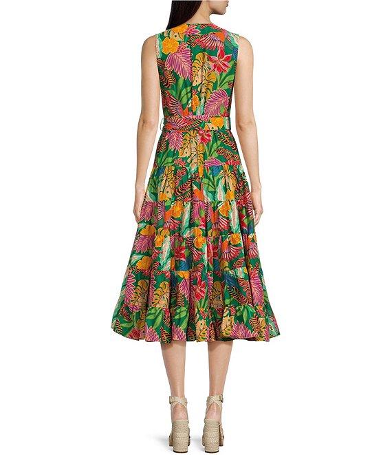 Gibson & Latimer Floral Tropical Printed Tiered Sleeveless Surplice V-Neck Tie Waist Wrap Midi Dress Product Image