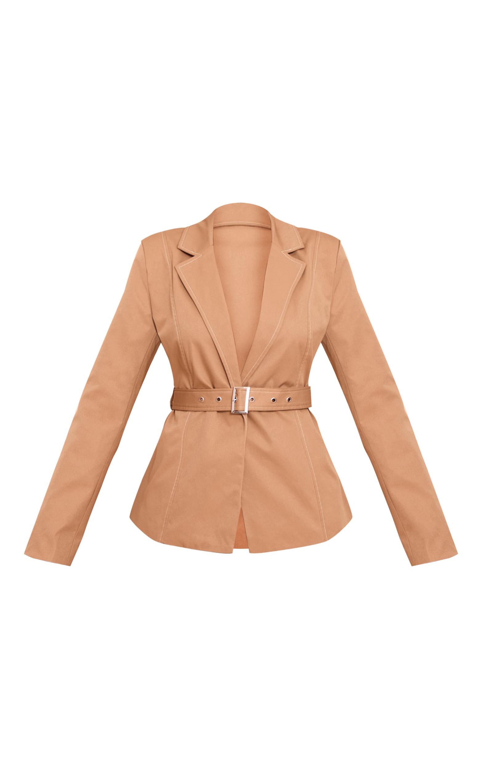 Beige Tie Waist Contrast Stitch Blazer Product Image