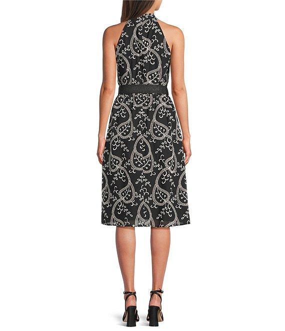 Anne Klein Halter Neck Belted Embroidered A-Line Midi Dress Product Image