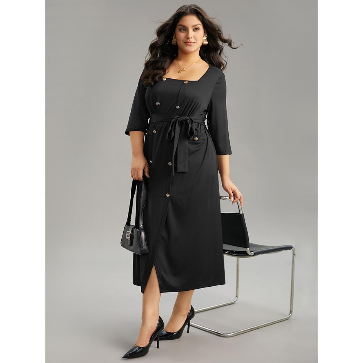 Plus Size Square Neck Metal Detail Belted Gathered Dress Black Women Office Plain Square Neck Elbow-length sleeve Curvy Midi Dress BloomChic 10/M Product Image