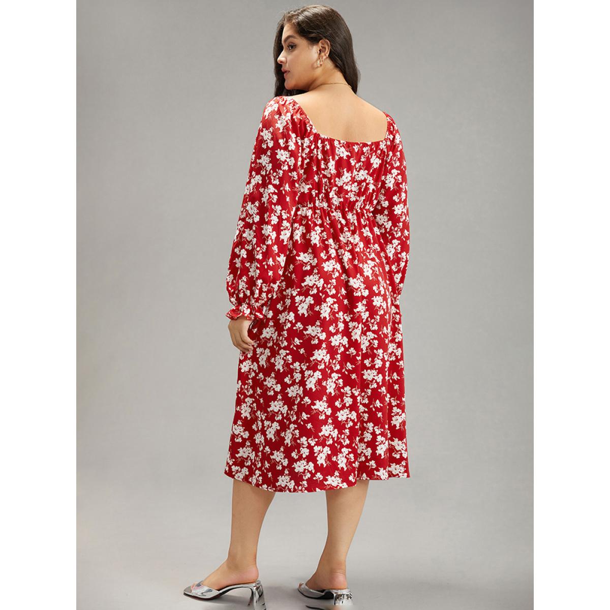 Plus Size Silhouette Floral Print Ties Lantern Sleeve Dress Crimson Women Elegant Gathered Square Neck Long Sleeve Curvy Midi Dress BloomChic 12/L Product Image