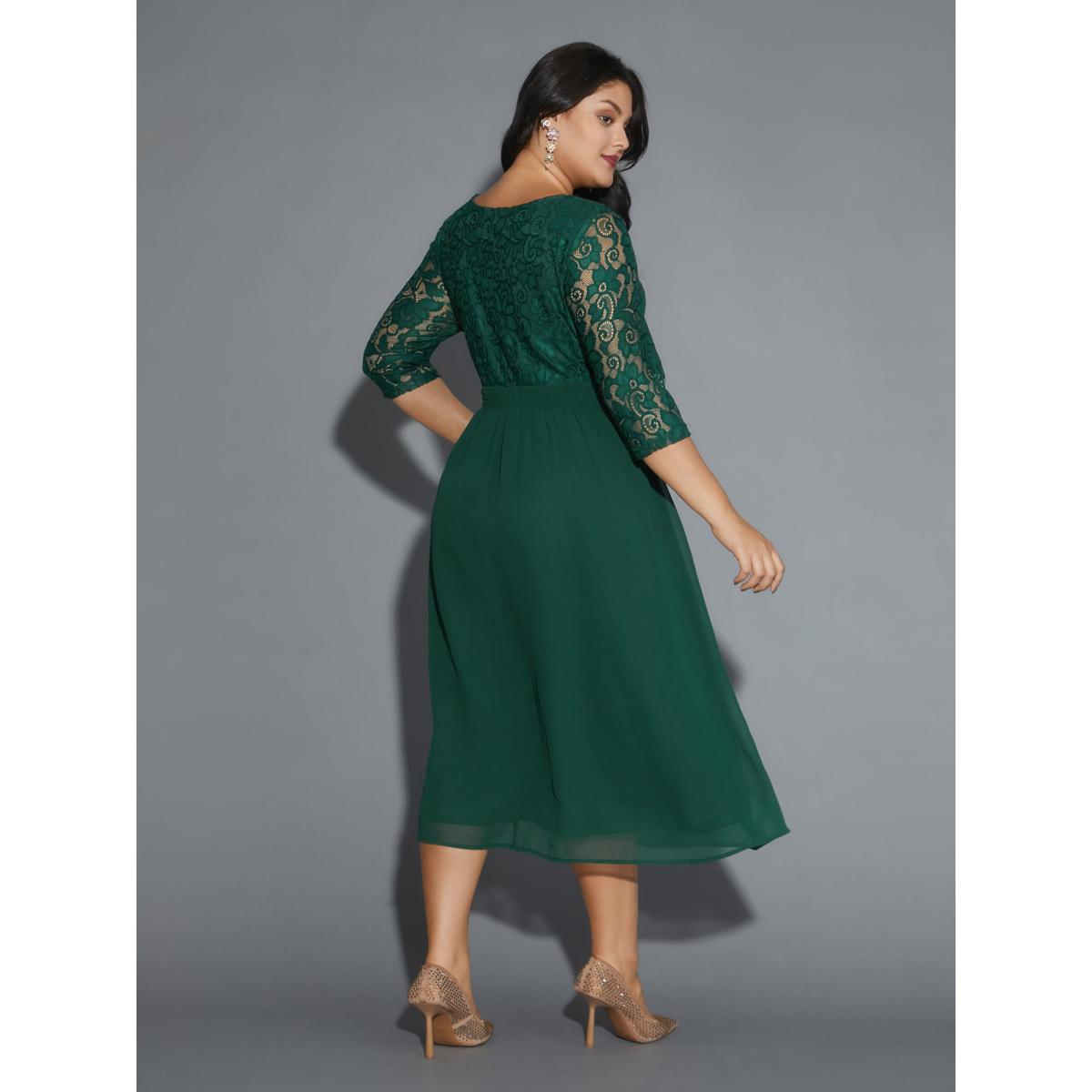 Plus Size Lace Patchwork Shirred Midi Pocket Dress DarkGreen Women Cocktail Woven ribbon&lace trim Round Neck Elbow-length sleeve Curvy BloomChic 18-20/2X Product Image