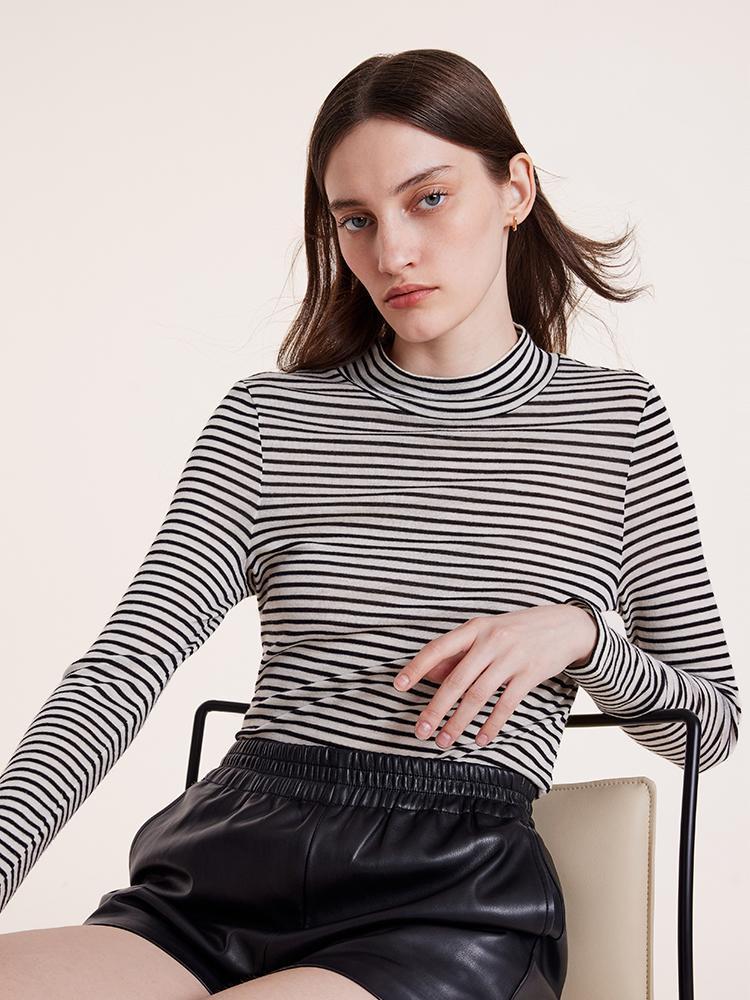 Washable Wool Striped Mock Neck Slim Women Sweater Product Image