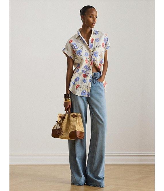 Lauren Ralph Lauren Petite Size Floral Point Collar Short Cuff Sleeve Button-Front Shirt Product Image