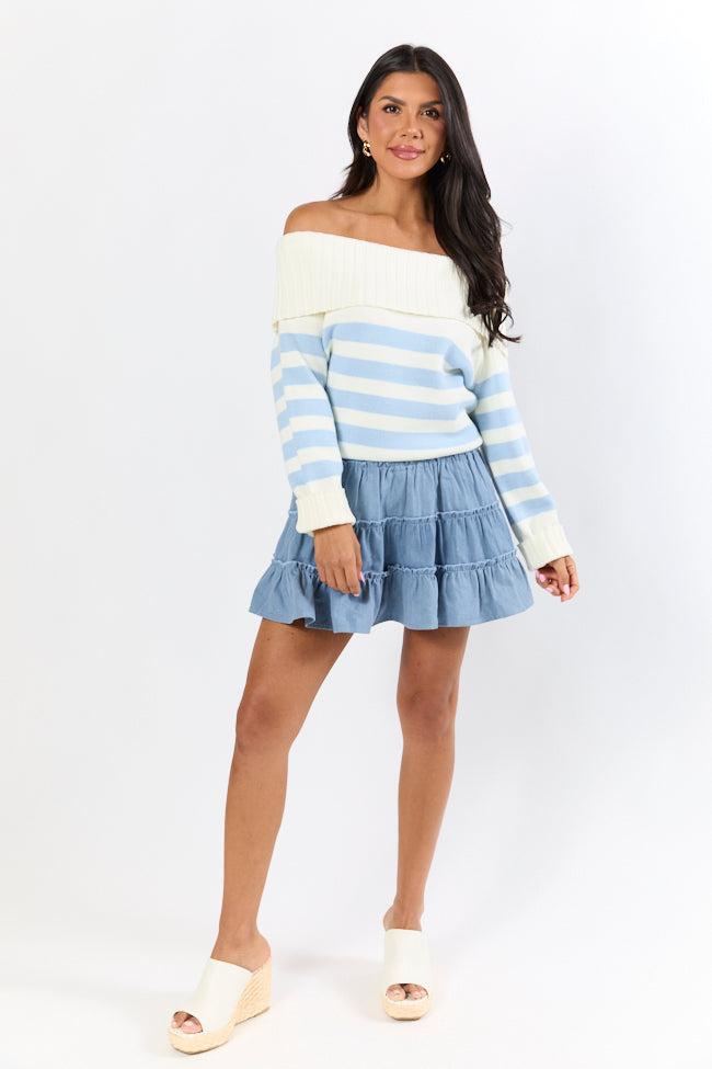 Undertow Feelings Ivory and Blue Striped Off The Shoulder Sweater FINAL SALE Product Image