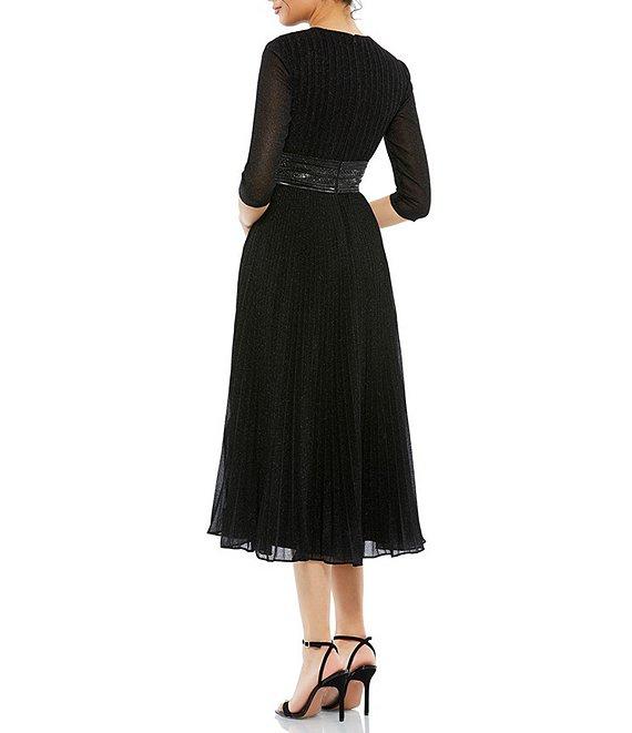 Mac Duggal Crew Neck 3/4 Sleeve Pleated A-Line Midi Dress Product Image