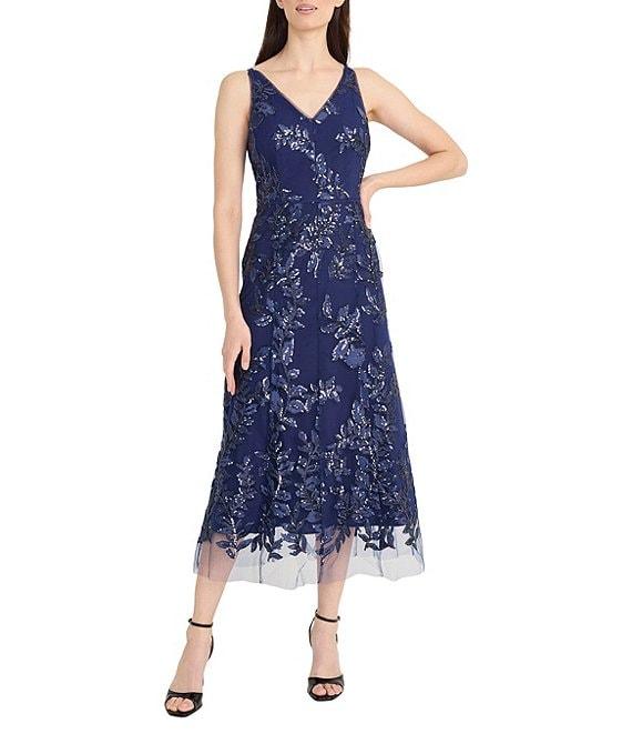 Maggy London Mesh Embroidered Floral Print V Neck Sleeveless Midi Dress Product Image
