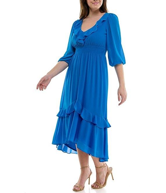 Moda Tara Plus Size 3/4 Sleeve Tiered Ruffled Smocked Chiffon Midi Dress Product Image