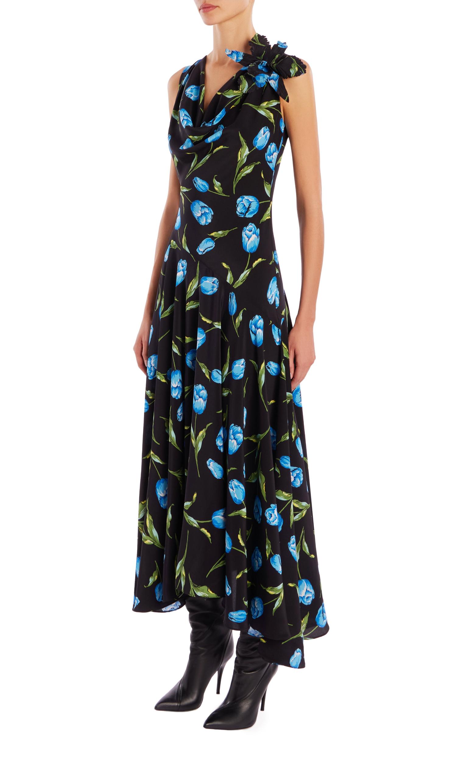 Floral Silk Cowl Neck Dress With Handkerchief Skirt Product Image