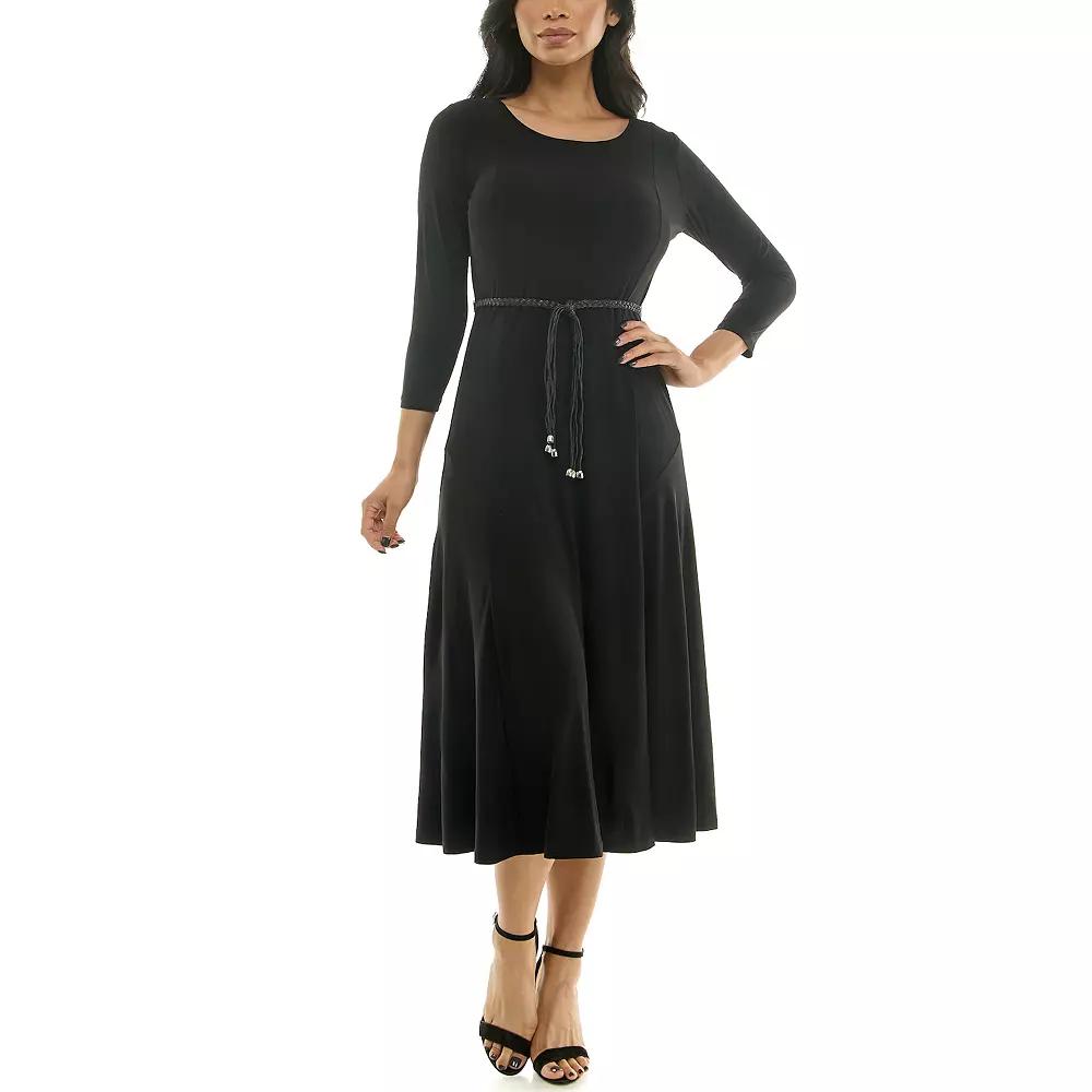 Women's Nina Leonard Sylvia Three-Quarter Sleeve Belted Midi Dress,  Product Image