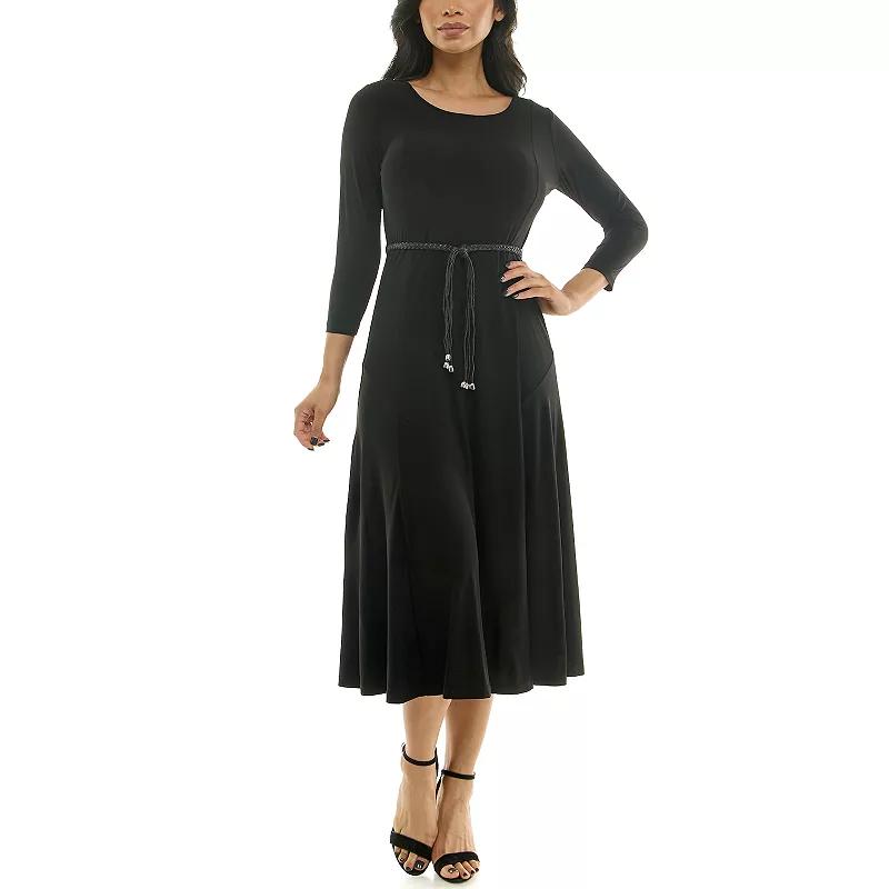 Women's Nina Leonard Sylvia Three-Quarter Sleeve Belted Midi Dress,  Product Image