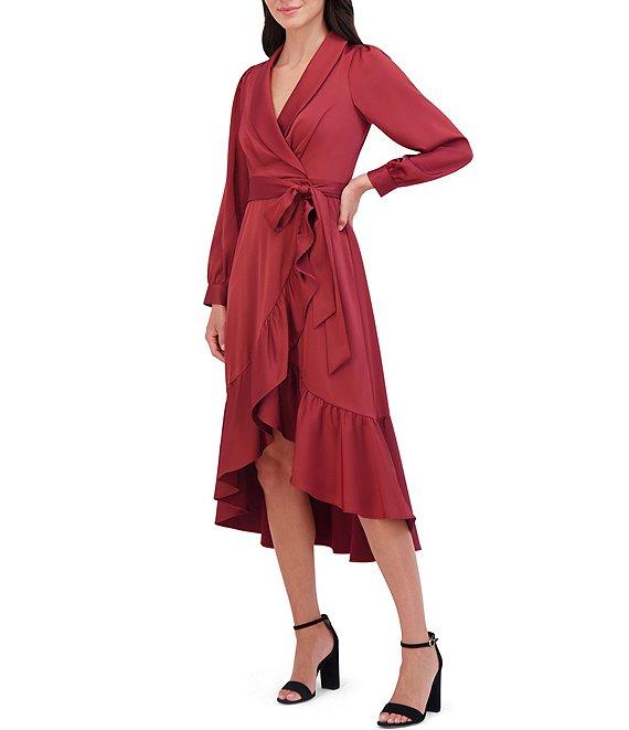 Vince Camuto Satin Split V-Neck Long Sleeve Faux Wrap Hi-Low Shirttail Dress Product Image