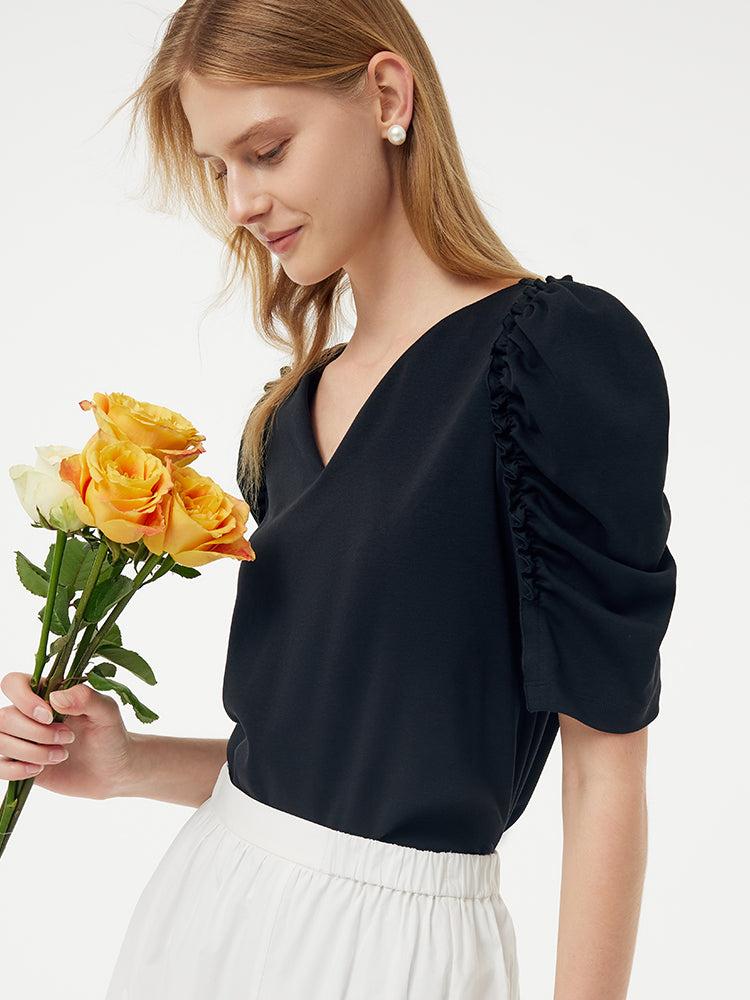 V-Neck Puff Sleeve Women Knit Top Product Image