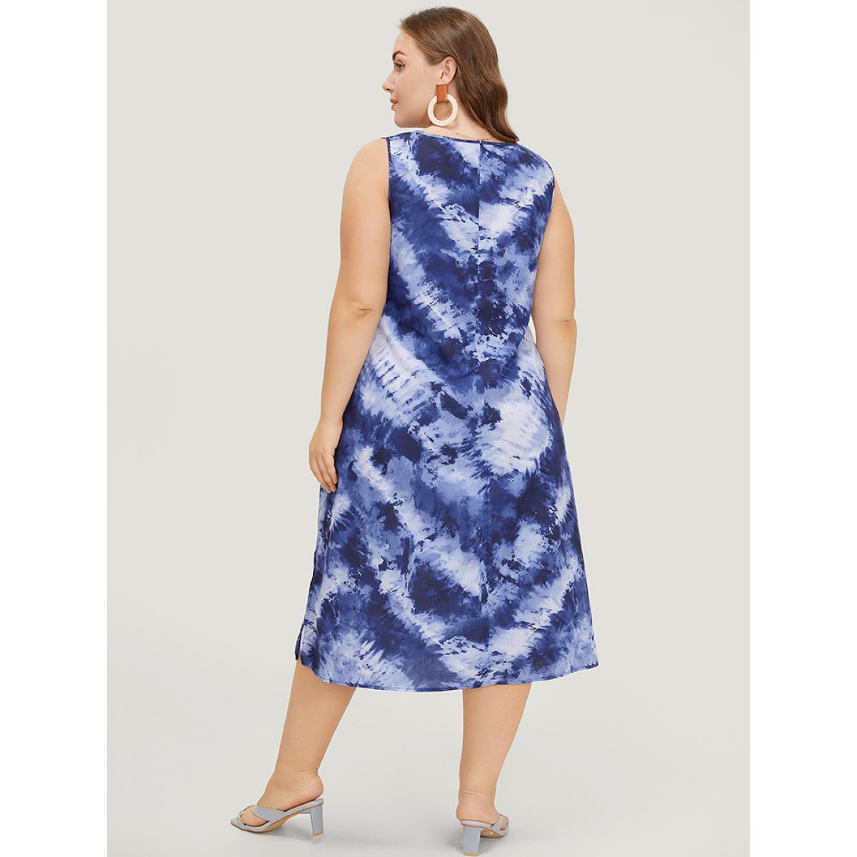 Plus Size Tie Dye Crew Neck Pocket Sleeveless Tank Dress DarkBlue Women Vacation Slit Round Neck Sleeveless Curvy Midi Dress BloomChic 14-16/1X Product Image
