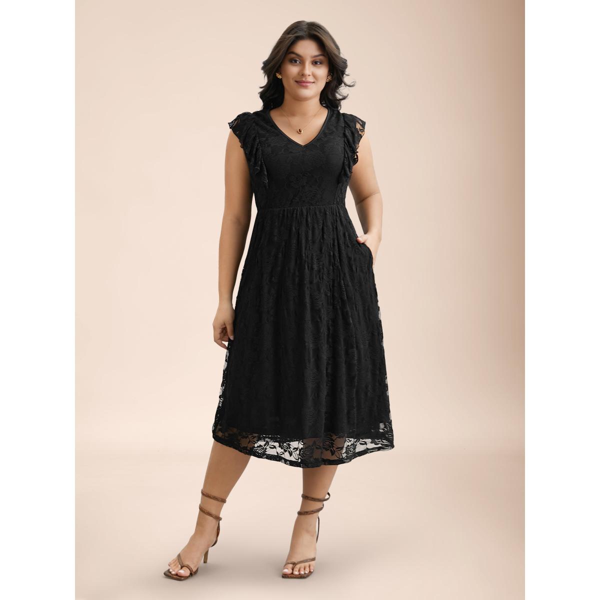Plus Size Lace Ruffled Sleeve Waist-Cinched Midi Dress Black Women Elegant Texture Knit Dresses Bloomchic 26/4X Product Image