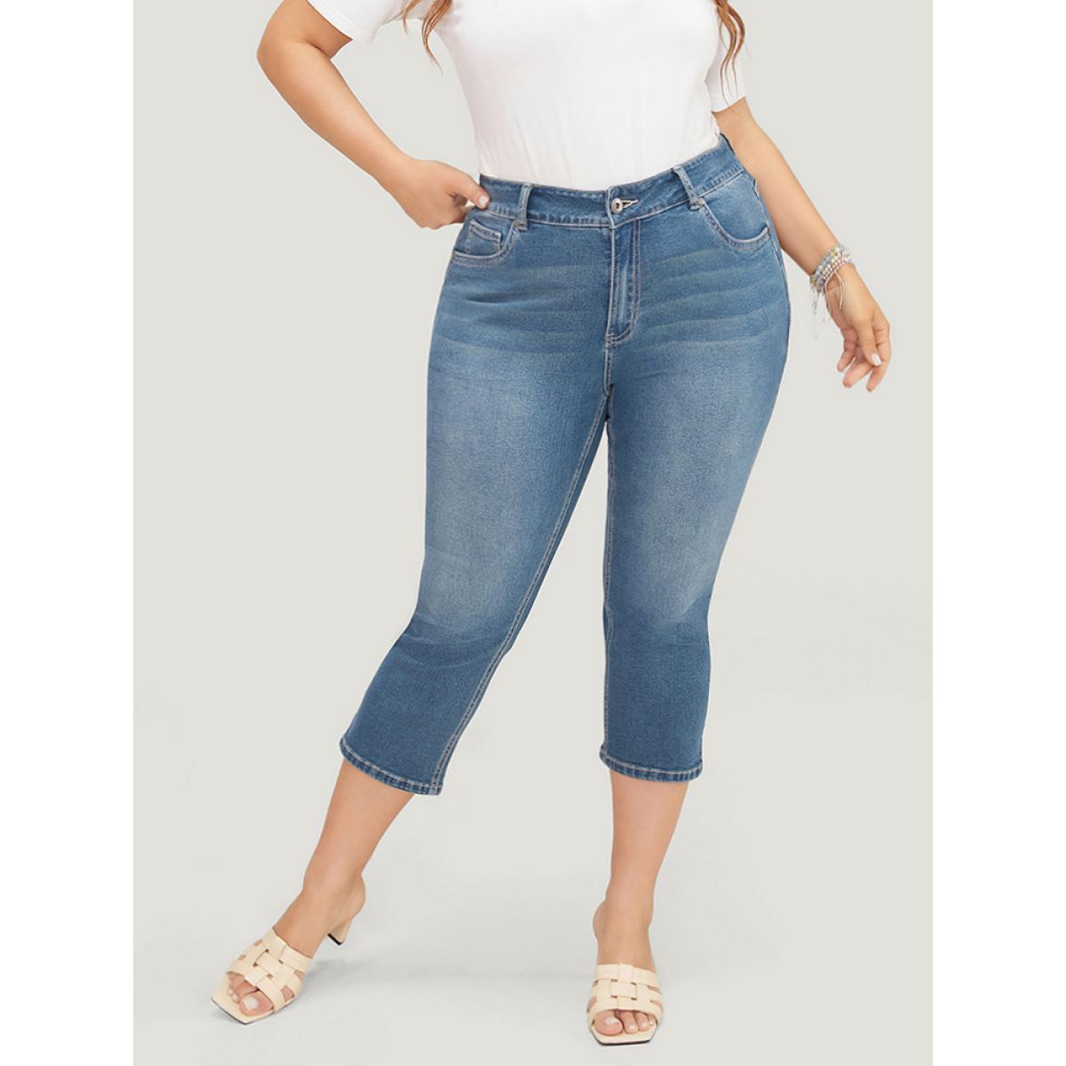 Plus Size Skinny Very Stretchy High Rise Medium Wash Cropped Jeans Women Indigo Casual Plain High stretch Side seam pocket Jeans BloomChic 20/2X Product Image