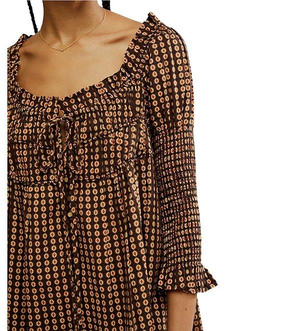 Free People Star Dip Dotted Print Square Neck 3/4 Sleeve Smocked Mini Dress Product Image