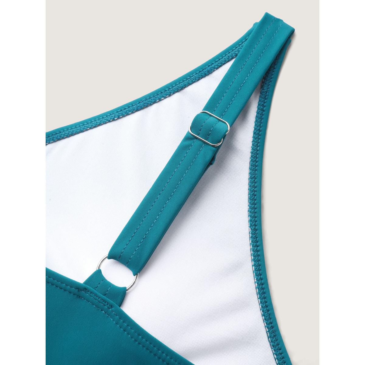 Plus Size Color Block Ruffled Hem Swim Dress Women's Swimwear Teal Beach Bodycon Overlap Collar High stretch Curve Swim Dresses BloomChic 10/M Product Image