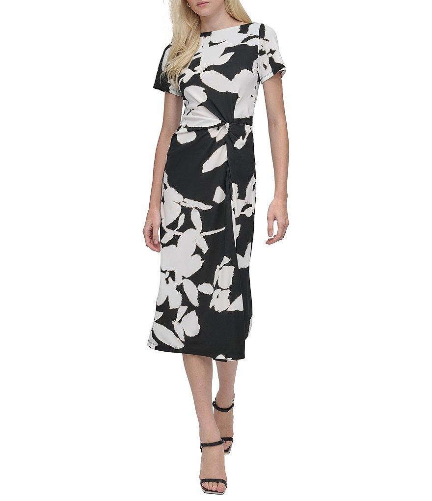 DKNY by Donna Karan Matte Jersey Floral Print Boat Neck Short Sleeve Twist Front Sheath Midi Dress Product Image