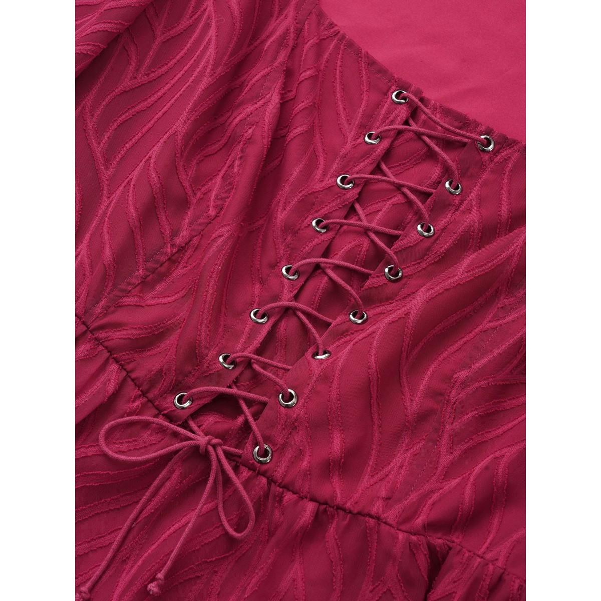 Plus Size Scarlet Chiffon Square Neck Lace Up Ruffles Blouse Women Elegant Elbow-length sleeve Square Neck Everyday Blouses BloomChic 12/L Product Image