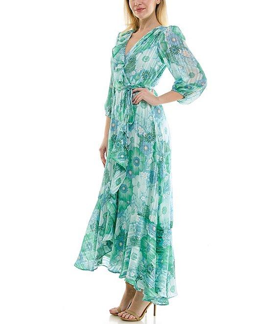 Moda Tara 3/4 Sleeve V-Neck Floral Print Chiffon Wrap Maxi Dress Product Image