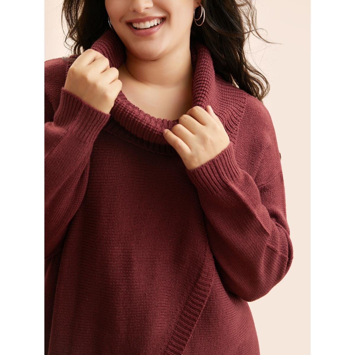 Plus Size Texture Turtleneck Slit Front Pullover Deepred Women Casual Long Sleeve Turtleneck Everyday Pullovers BloomChic 10/M Product Image