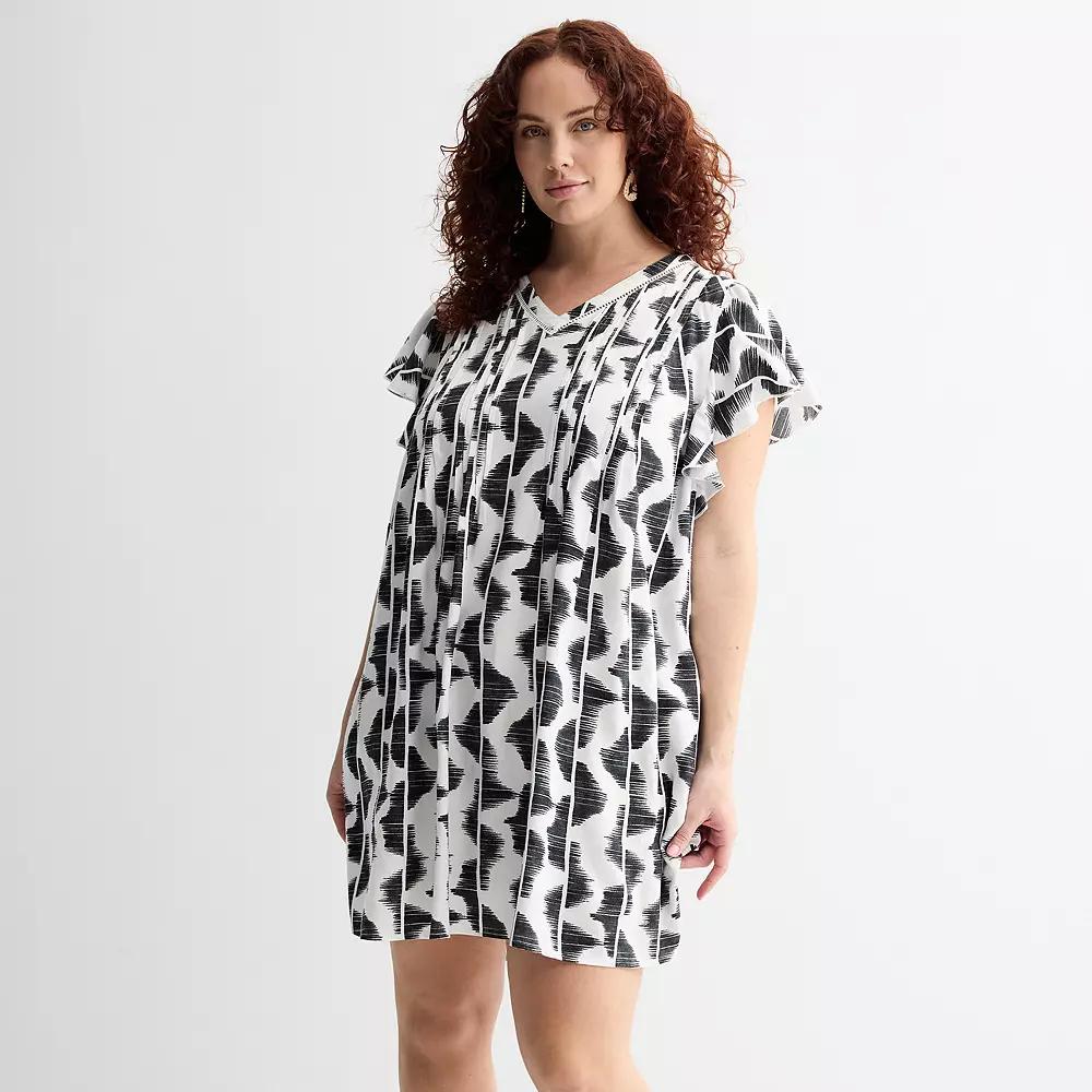 Plus Size Sonoma Goods For Life® Flutter Sleeve Pintuck Dress, Women's, Size: 0X, Gray Geo Lines Product Image